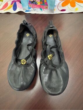 Tory Burch Black Leather Girls' Ballet Flats with Gold Logo
